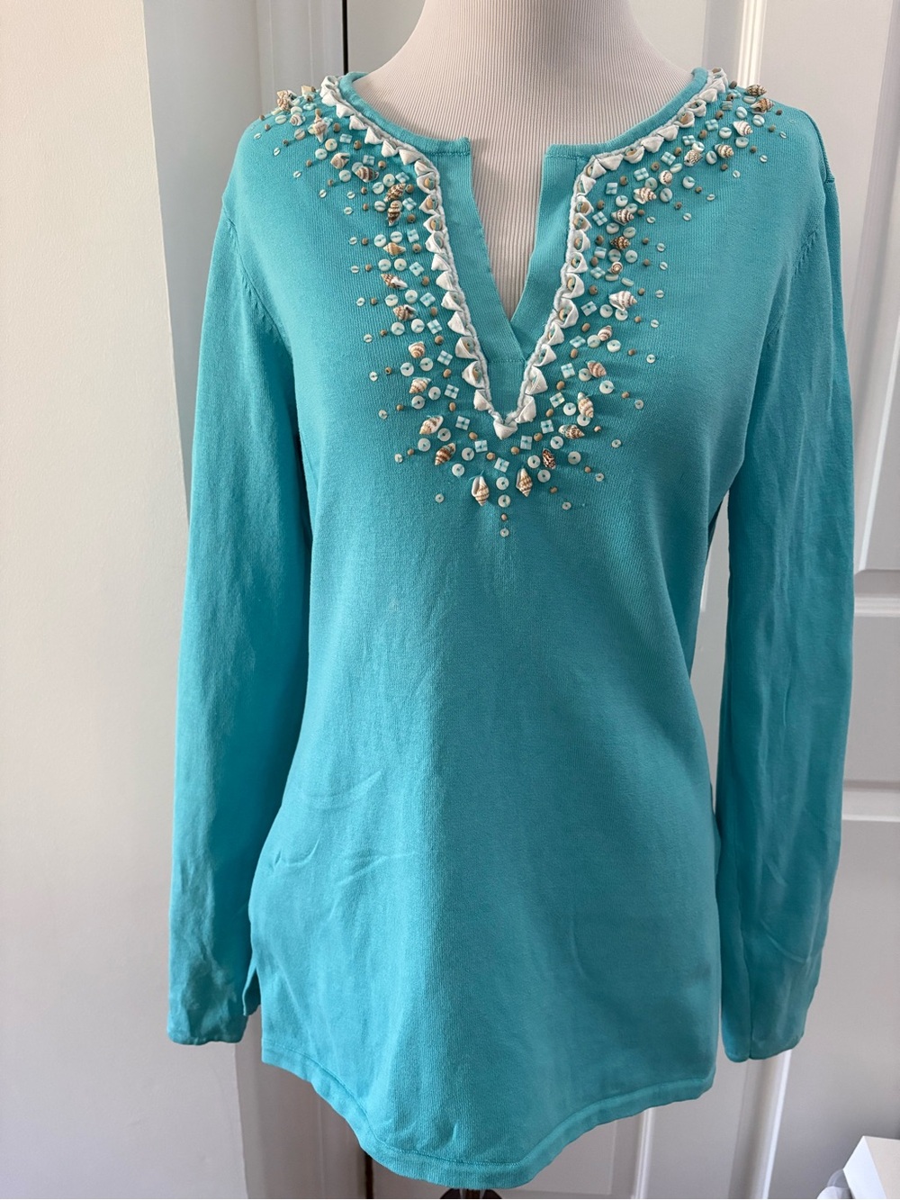 Brooks Brothers Turquoise Embellished V-Neck Tunic Sz M